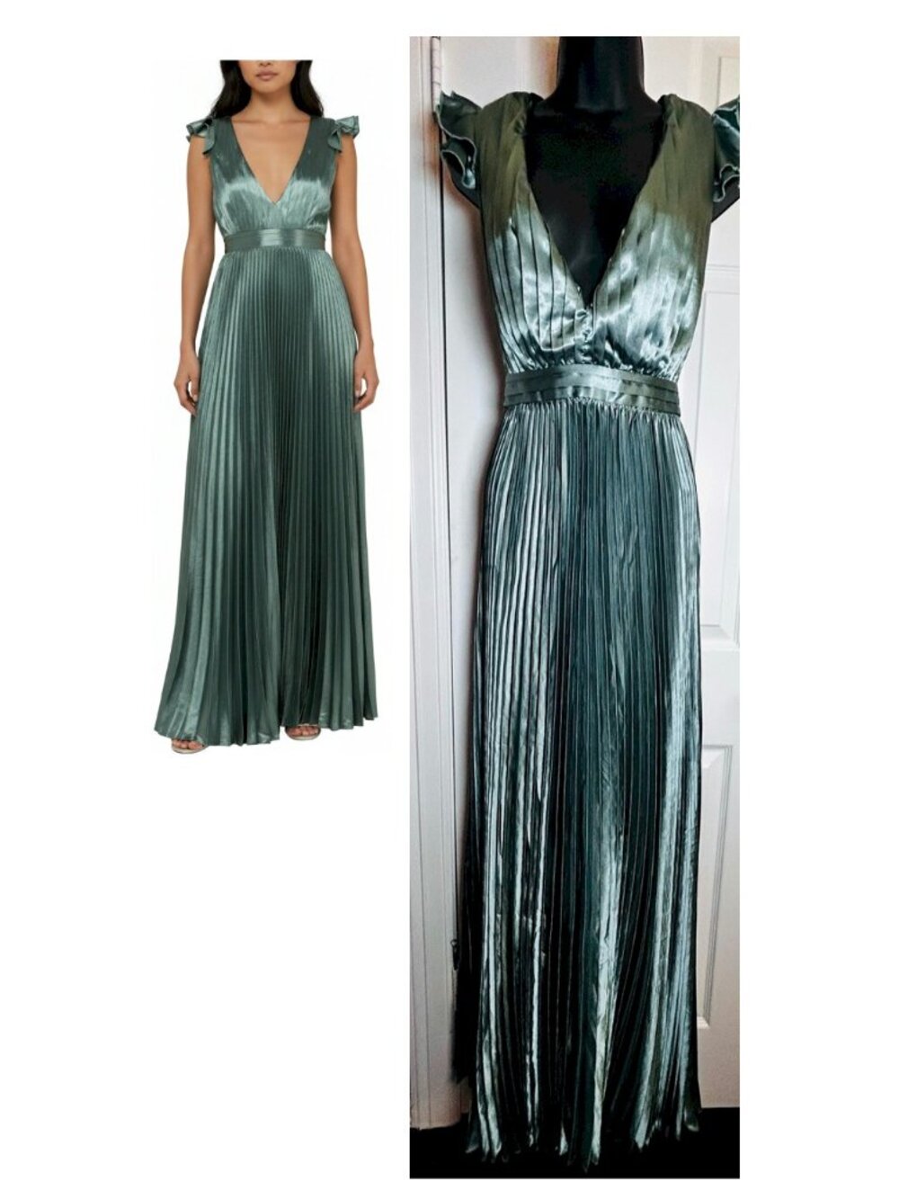 Exceptional Drama Sage Green Satin Lace-Up Pleated Maxi Dress Small NWOT - Picture 2 of 13